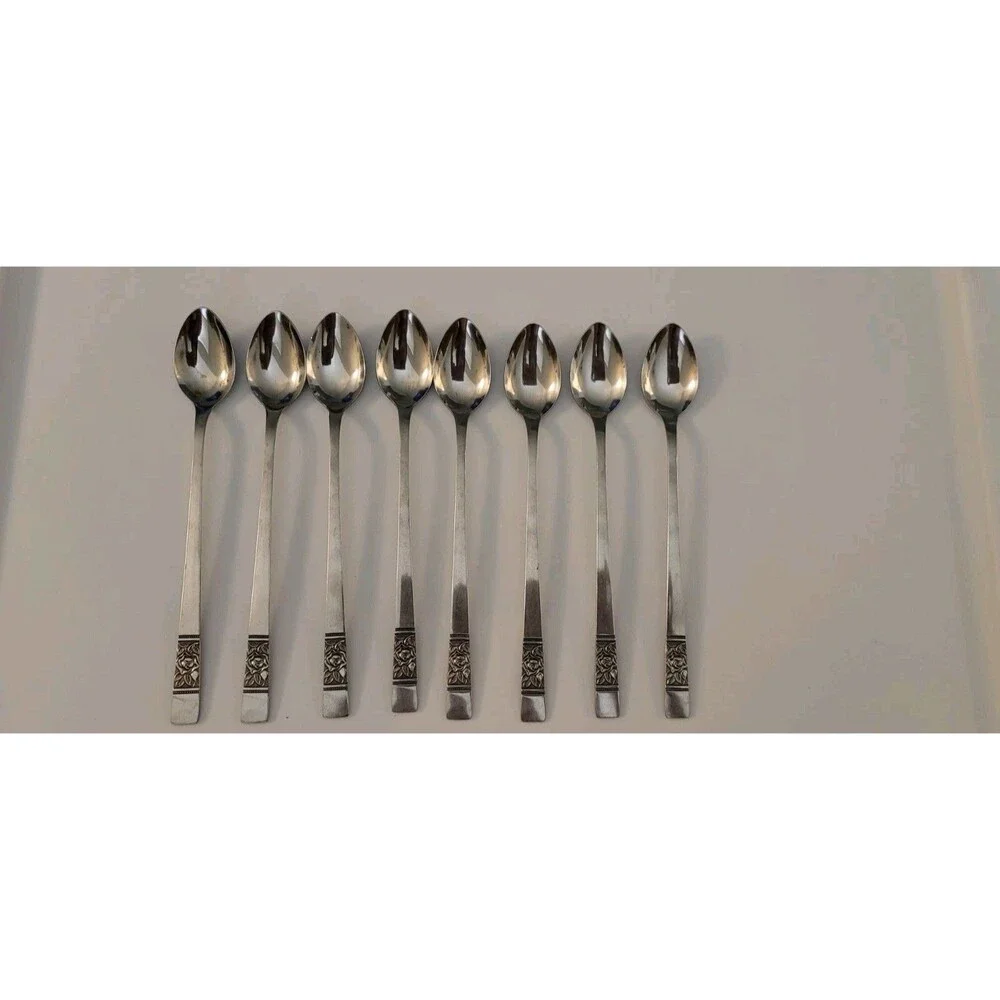 Set of 8 VTG National Stainless Laureen Rose Iced Teaspoons Stainless 7 3/8